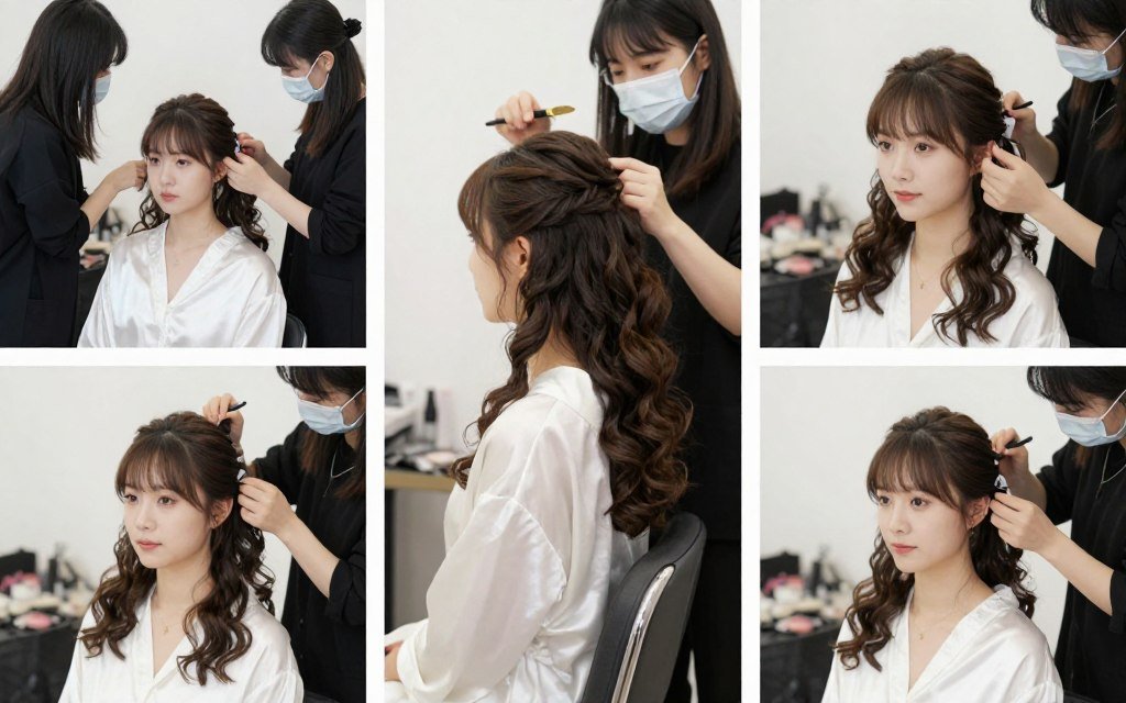 Professional stylist working on bridesmaid hair Professional stylist working on bridesmaid hair