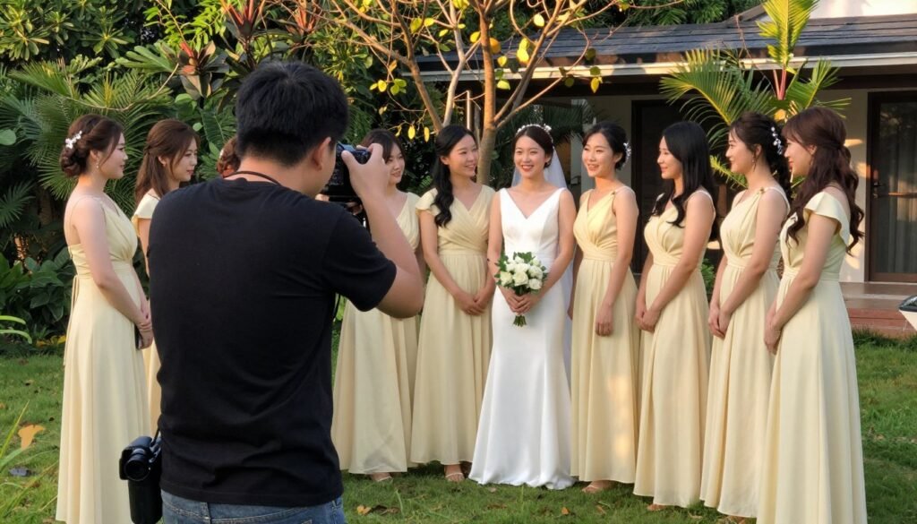 Professional wedding photographer capturing bridesmaids in butter yellow dresses outdoors