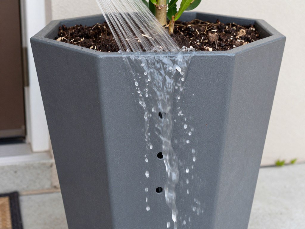 Proper watering technique for a tall planter showing water flowing through drainage holes Proper watering technique for a tall planter showing water flowing through drainage holes