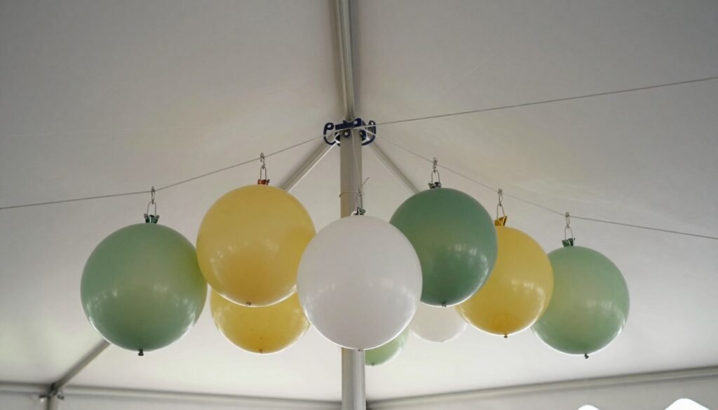 Properly secured ceiling decorations in a party tent