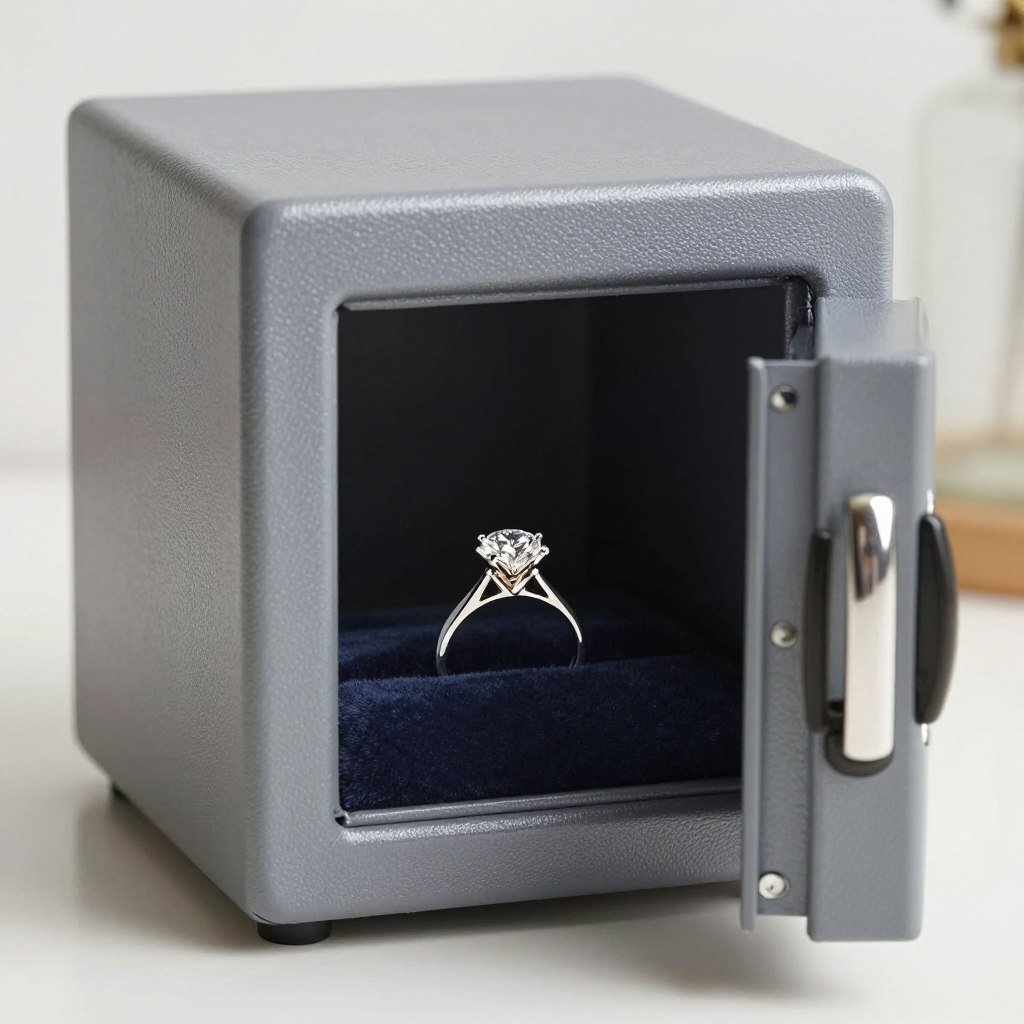 Protected engagement ring in safe storage Protected engagement ring in safe storage