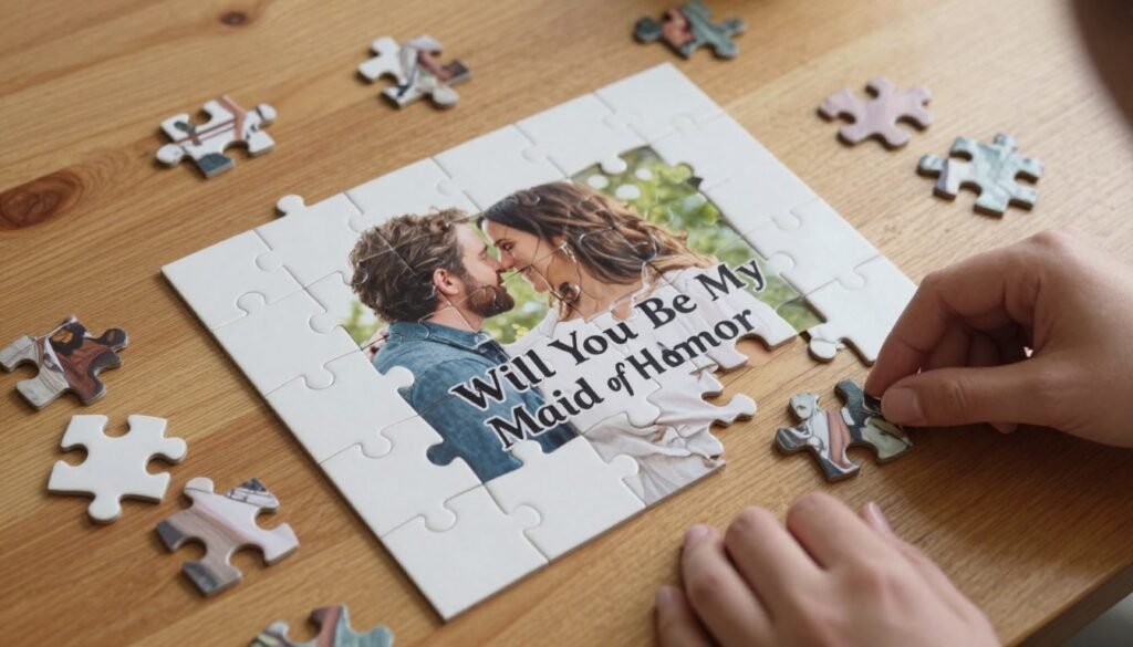 Puzzle proposal revealing maid of honor question piece by piece Puzzle proposal revealing maid of honor question piece by piece
