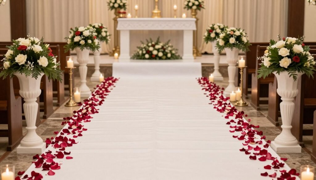 Quinceañera aisle runner with rose petals and candle decorations Quinceañera aisle runner with rose petals and candle decorations