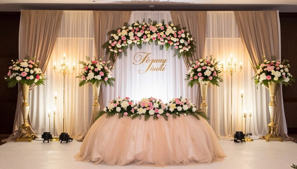 Quinceañera backdrop with floral arrangements, draping, and personalized elements Quinceañera backdrop with floral arrangements, draping, and personalized elements