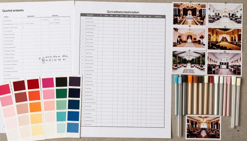 Quinceañera decoration planning with budget worksheet, timeline, and organized supplies Quinceañera decoration planning with budget worksheet, timeline, and organized supplies