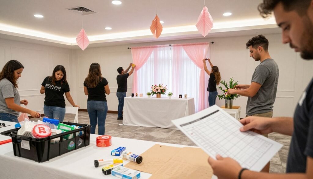 Quinceañera decoration setup with a team helping to transform the venue Quinceañera decoration setup with a team helping to transform the venue
