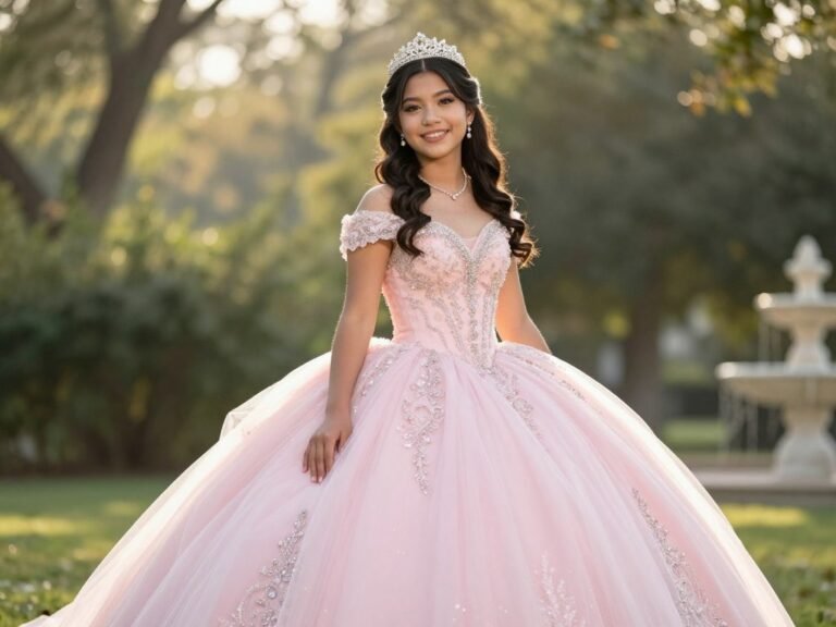 Quinceañera girl in elegant ball gown posing outdoors with soft natural lighting