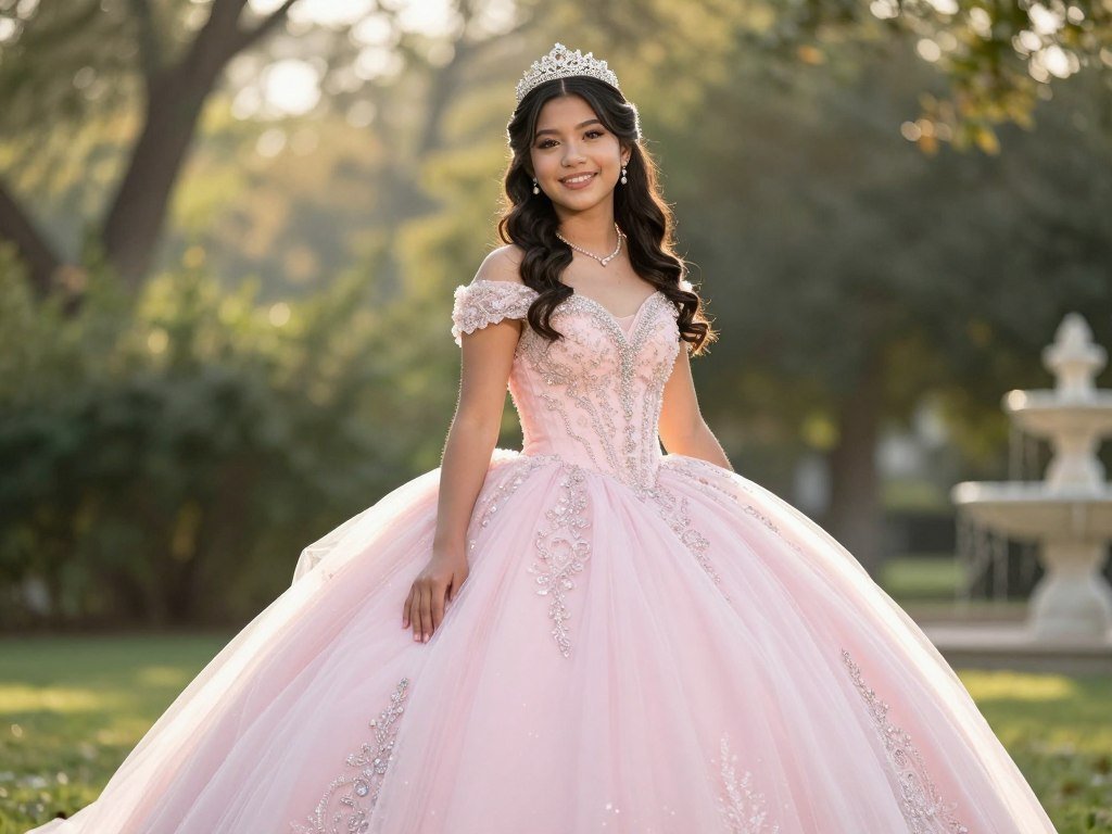 Quinceañera girl in elegant ball gown posing outdoors with soft natural lighting