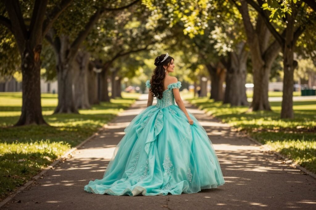 Quinceañera girl walking through park pathway with flowing dress