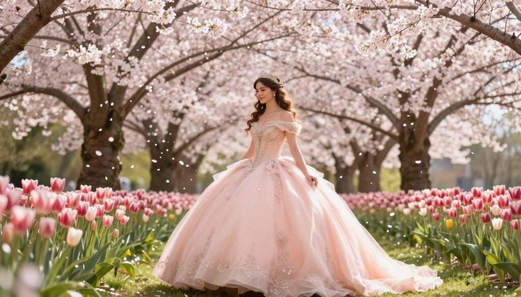 Quinceañera in spring garden with blooming flowers