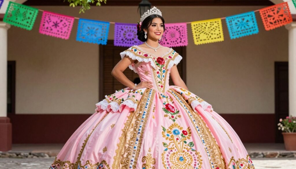 Quinceañera in traditional dress with cultural elements