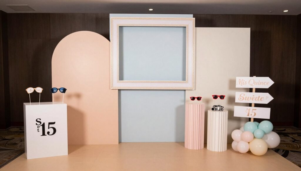 Quinceañera photo booth area with themed props and decorative background Quinceañera photo booth area with themed props and decorative background