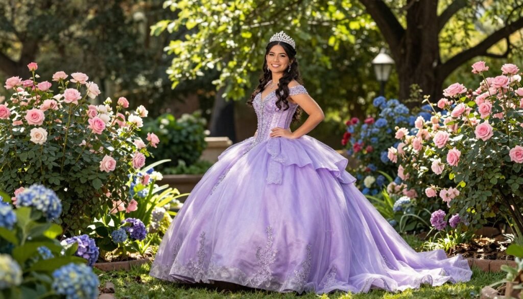 Quinceañera photoshoot in blooming garden with colorful flowers