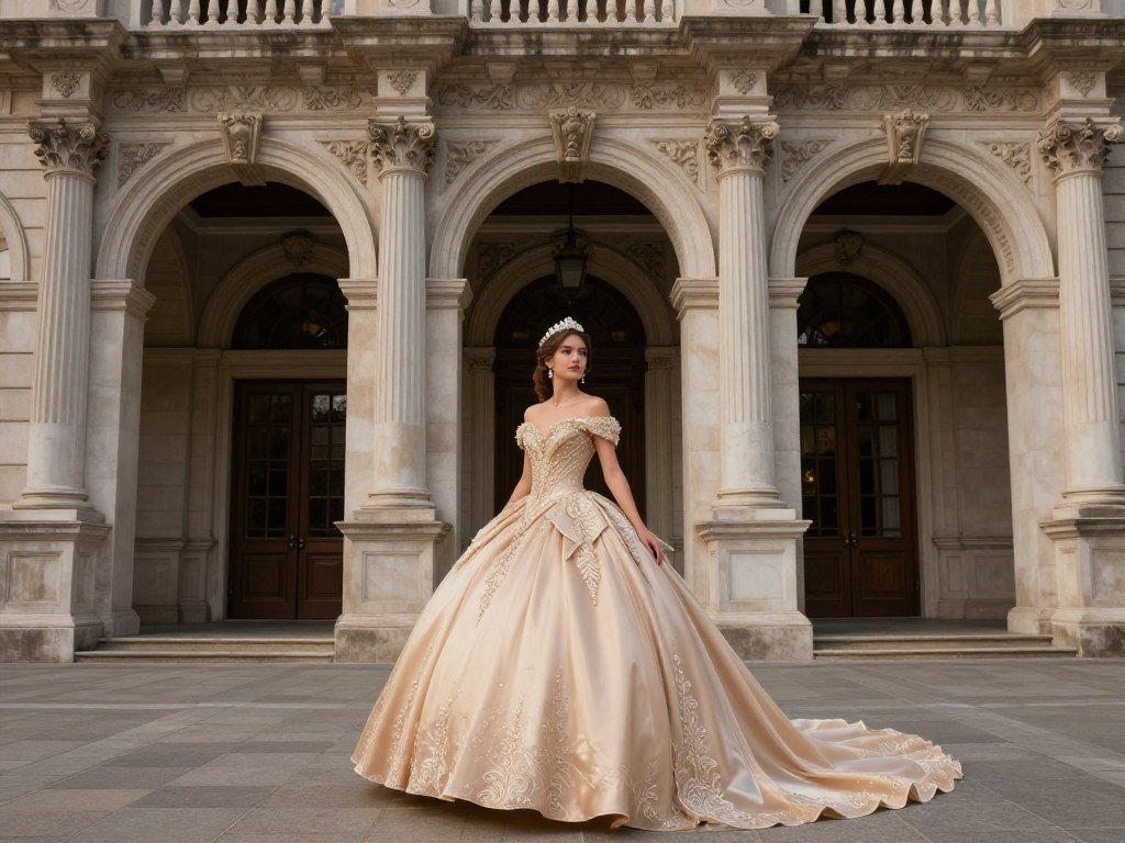 Quinceañera portrait against historic building architecture