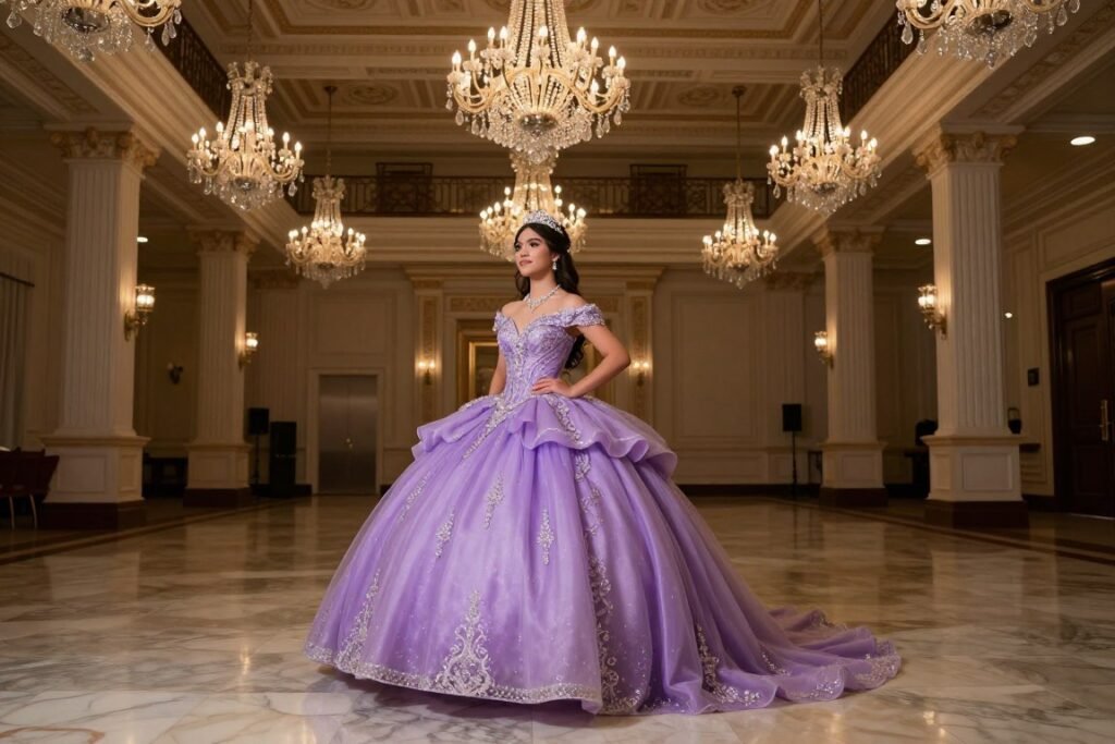 Quinceañera portrait in elegant indoor ballroom setting