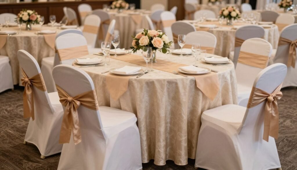 Quinceañera table linens with overlays and chair decorations in theme colors Quinceañera table linens with overlays and chair decorations in theme colors