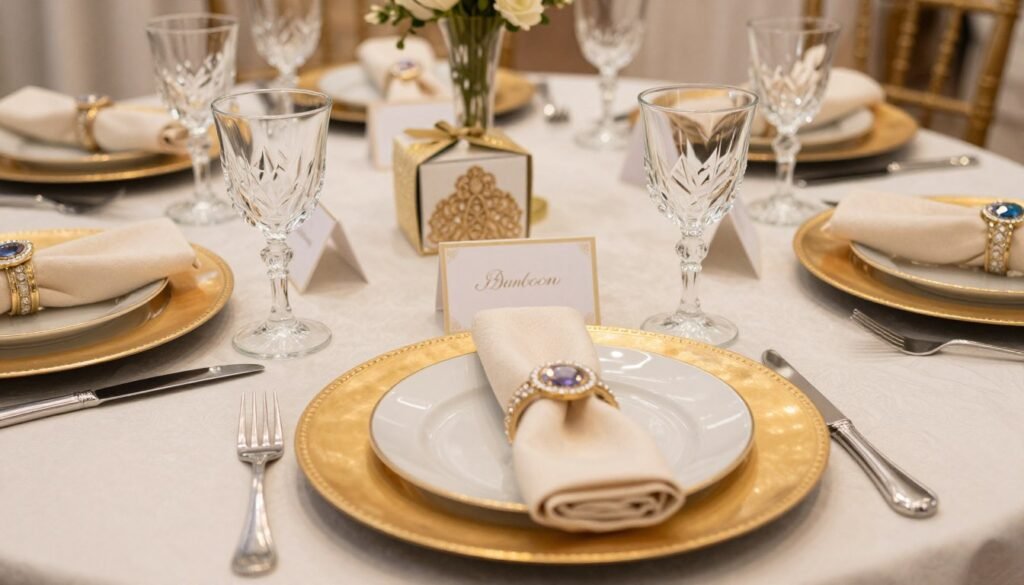 Quinceañera table settings with charger plates, elegant napkins, and themed place cards Quinceañera table settings with charger plates, elegant napkins, and themed place cards