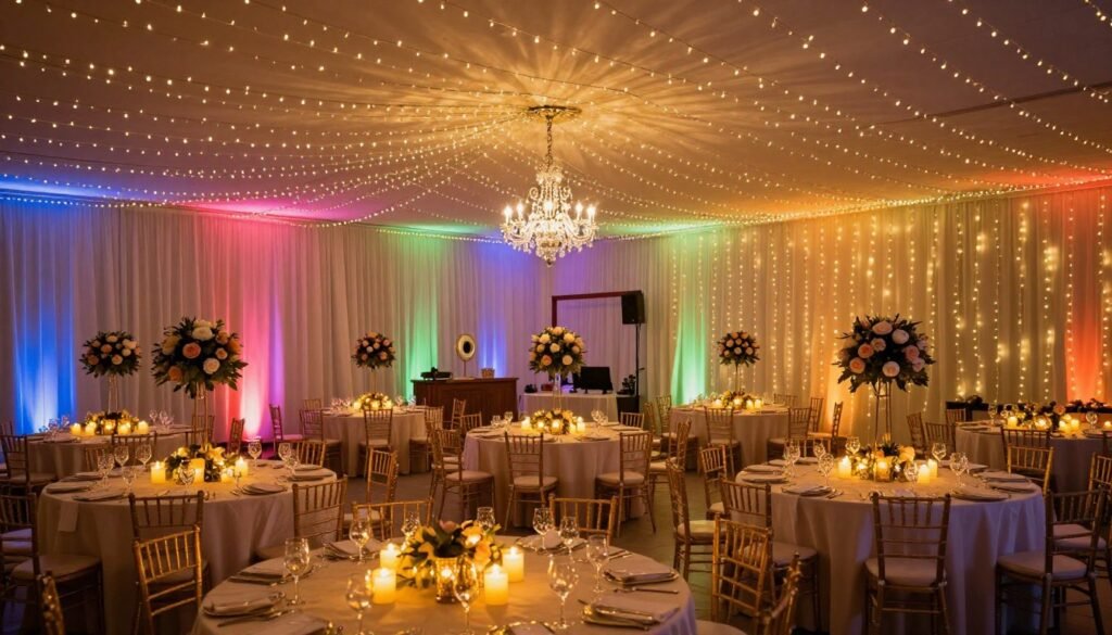 Quinceañera venue with fairy lights, uplighting, and candles creating a magical atmosphere Quinceañera venue with fairy lights, uplighting, and candles creating a magical atmosphere