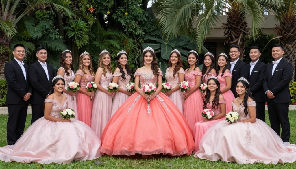 Quinceañera with full court of damas and chambelanes