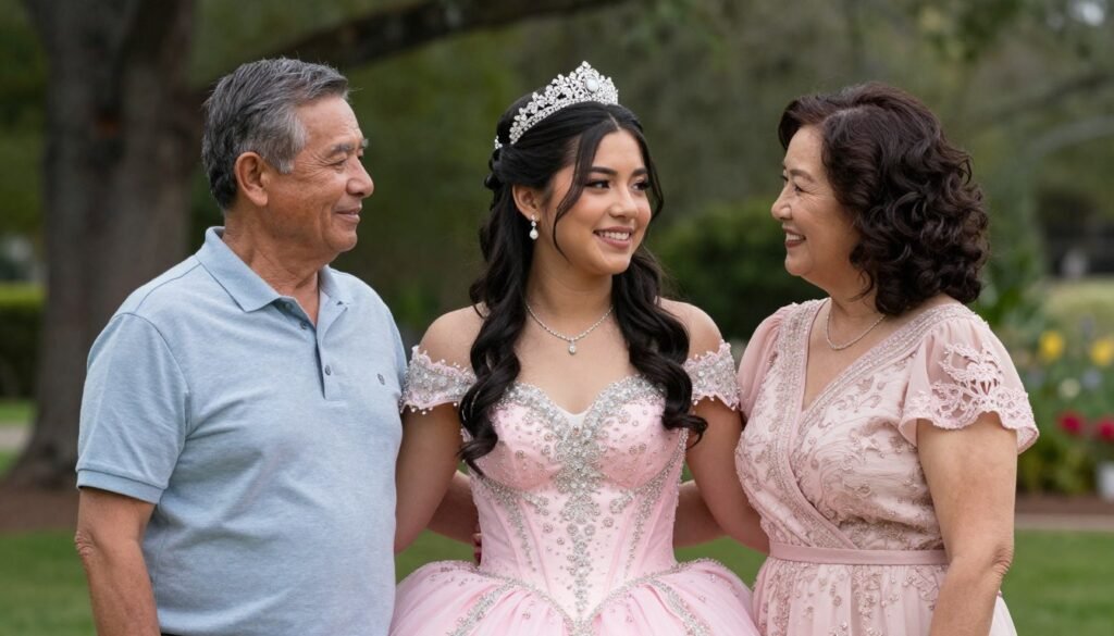 Quinceañera with parents in loving family portrait