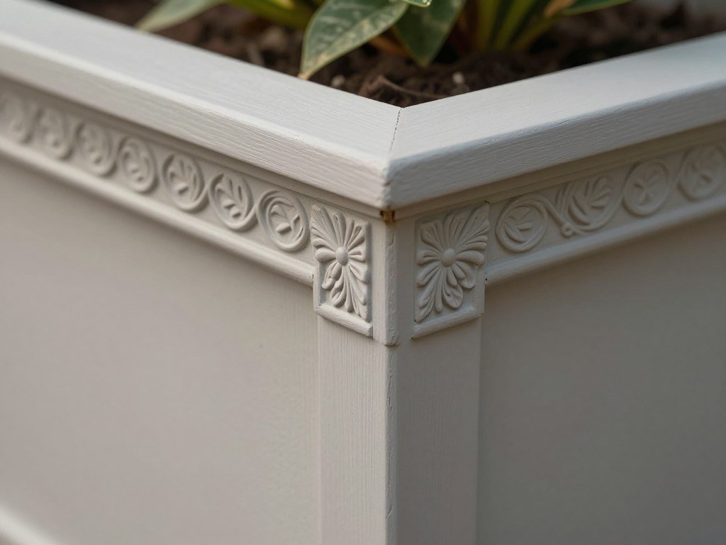 Raised planter box with decorative trim and corner caps