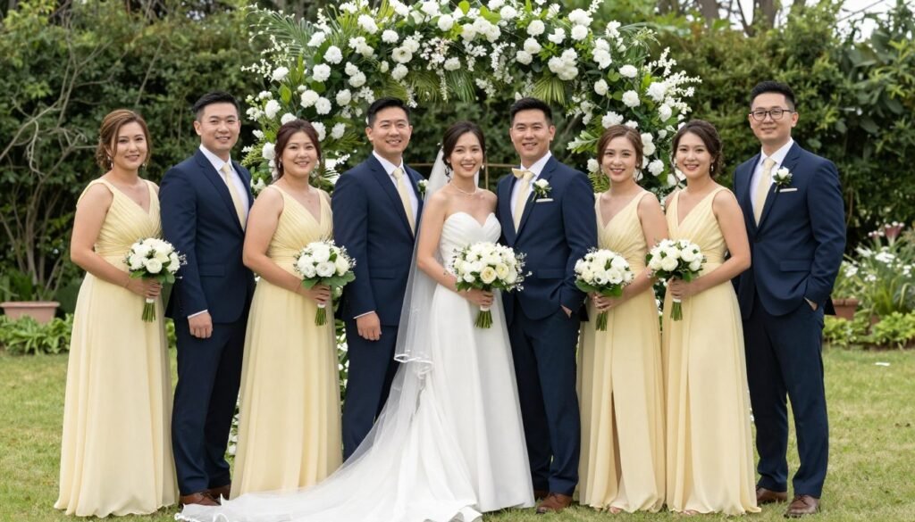 Real wedding photo showing full bridal party with butter yellow bridesmaid dresses