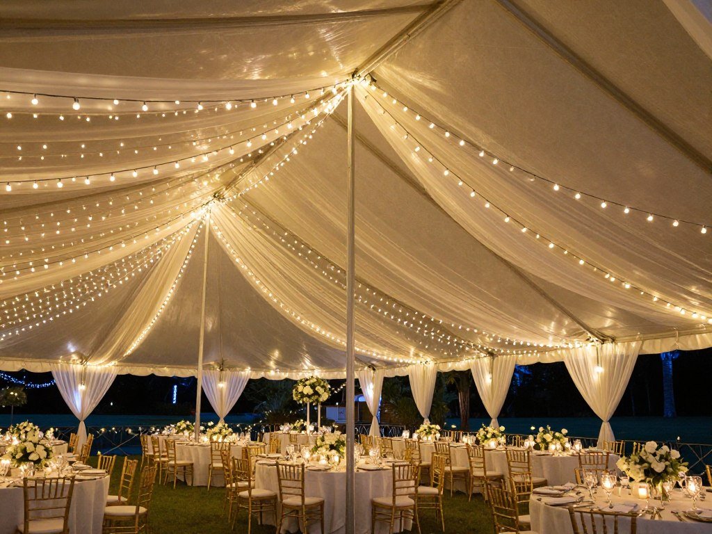 Reception venue ceiling decorated with string lights and draped fabric