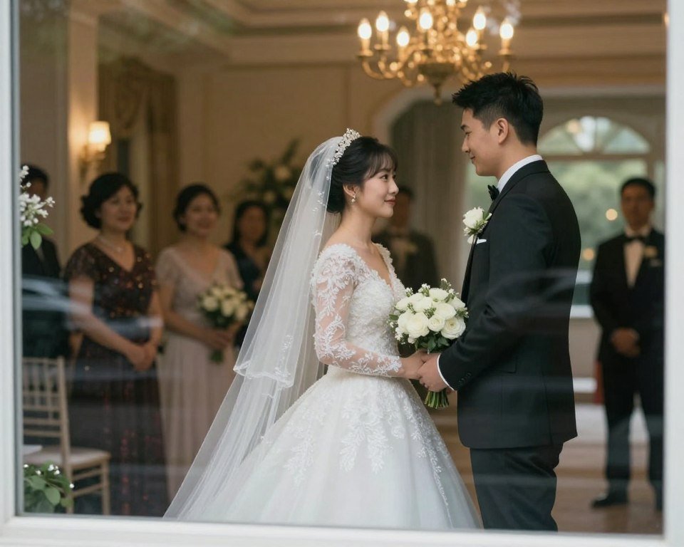 Reflection of couple in window with ceremony visible behind