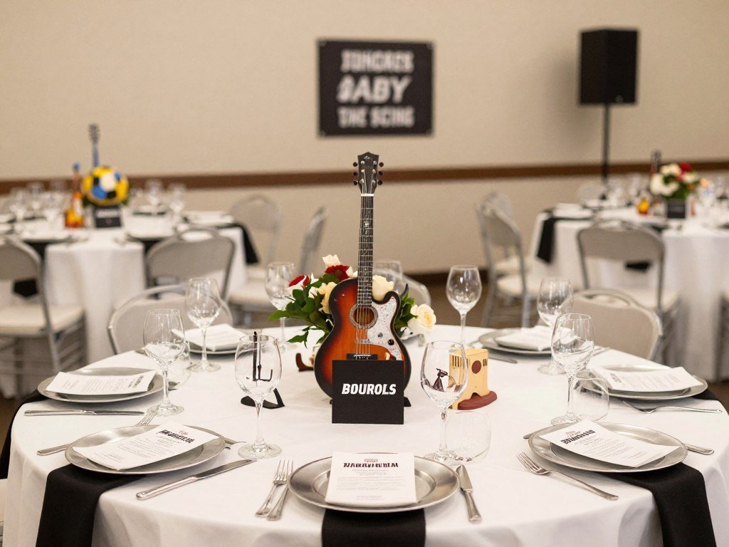 Rehearsal dinner decorations incorporating couple's hobbies, interests and shared passions