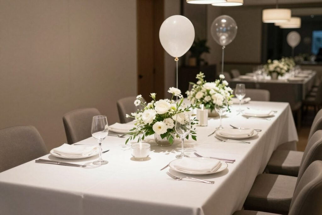 Restaurant private room decorated for bridal shower within venue restrictions