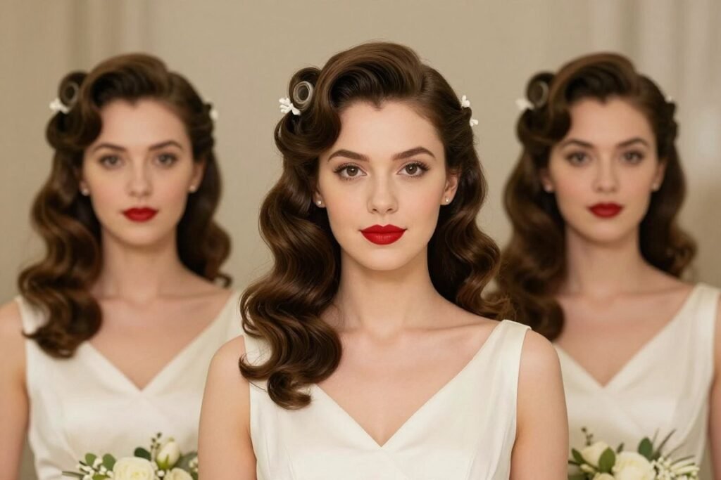 Retro victory rolls bridesmaid hairstyle for vintage themed wedding