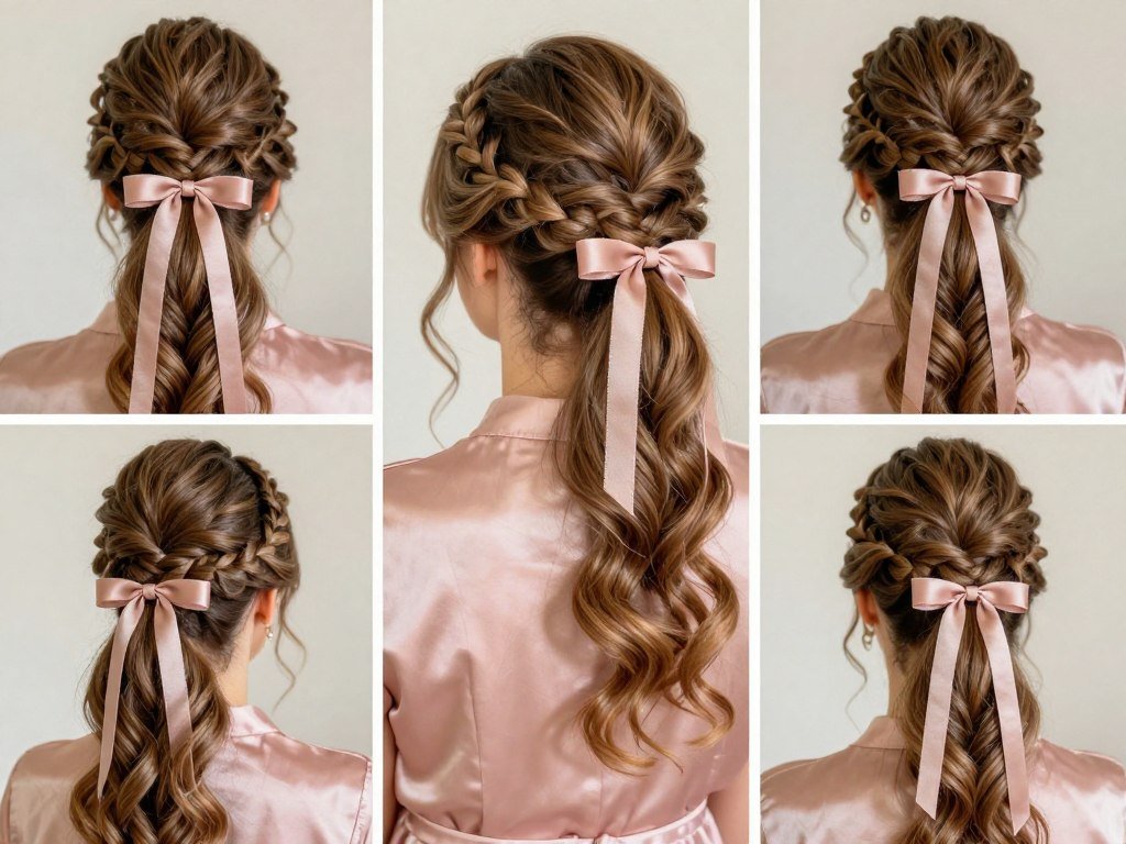 Ribbon accent in bridesmaid hairstyle with elegant styling Ribbon accent in bridesmaid hairstyle with elegant styling