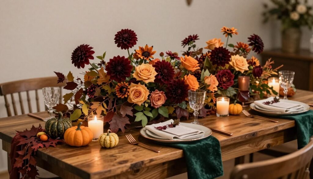 Rich fall head table wedding decorations with autumn foliage and warm colors