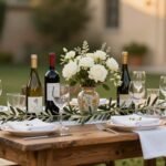 Romantic Italian themed bridal shower table setting with wine bottles, olive branches, and elegant place settings