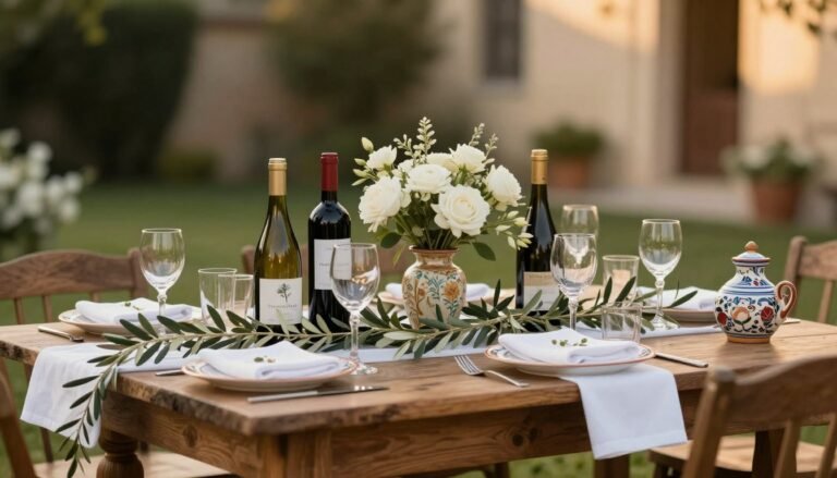 Romantic Italian themed bridal shower table setting with wine bottles, olive branches, and elegant place settings