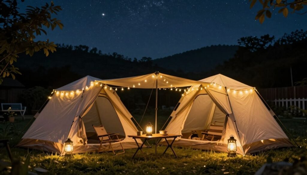 Romantic backyard camping setup with tent and string lights at night Romantic backyard camping setup with tent and string lights at night