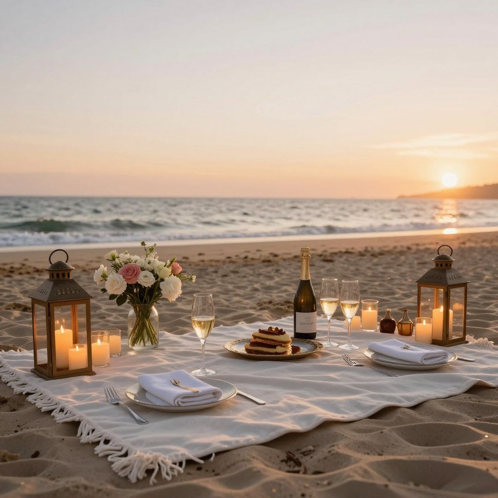 Romantic beach picnic setup with candles