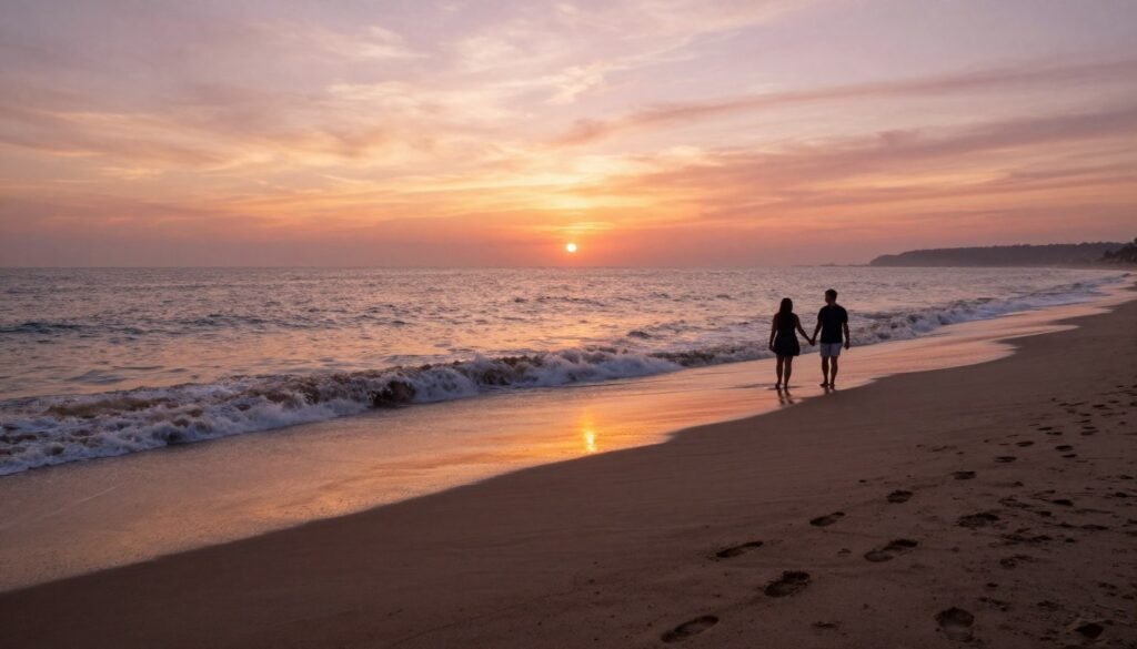 Romantic beach proposal at sunrise with couple on sandy shore Romantic beach proposal at sunrise with couple on sandy shore