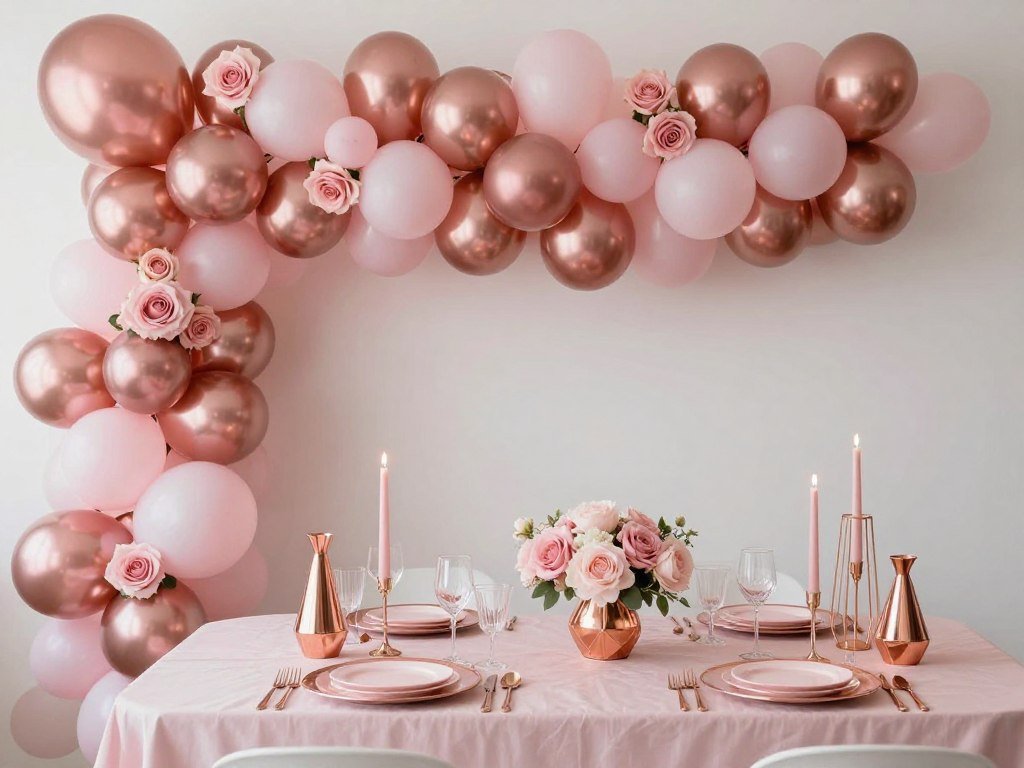 Romantic blush and rose gold bridal shower decorations with soft pink tones