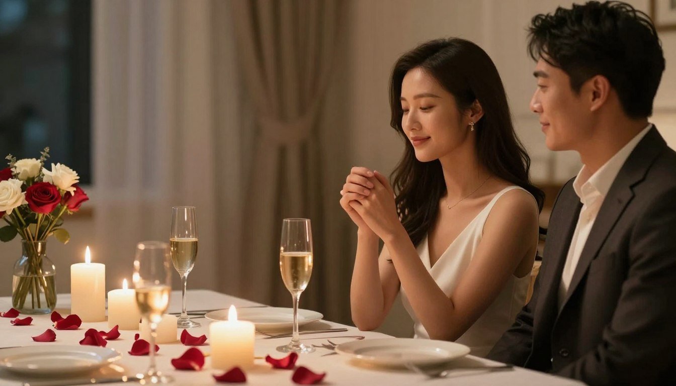 Romantic couple celebrating anniversary with candlelit dinner and flowers