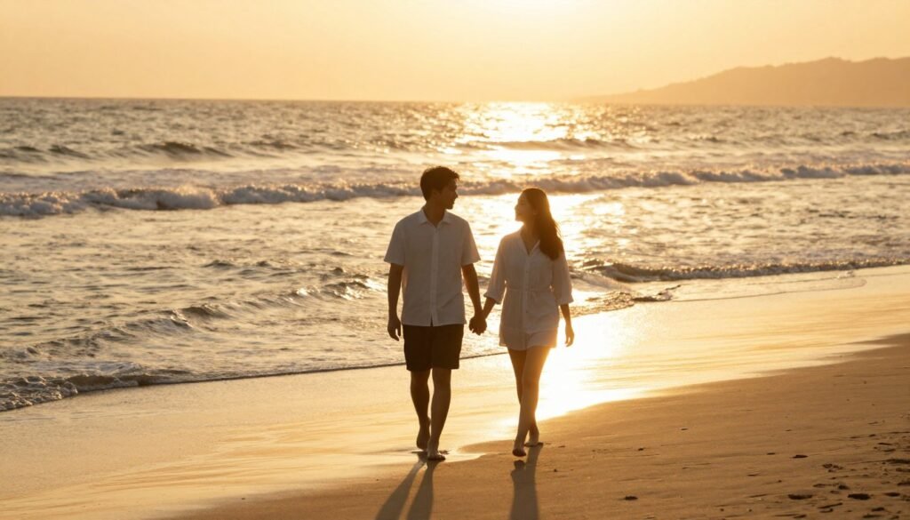 Romantic couple walking hand in hand on beach during golden hour sunset