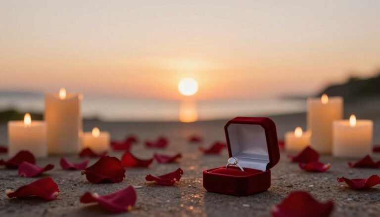 Romantic dream proposal setup with candles and flowers at sunset