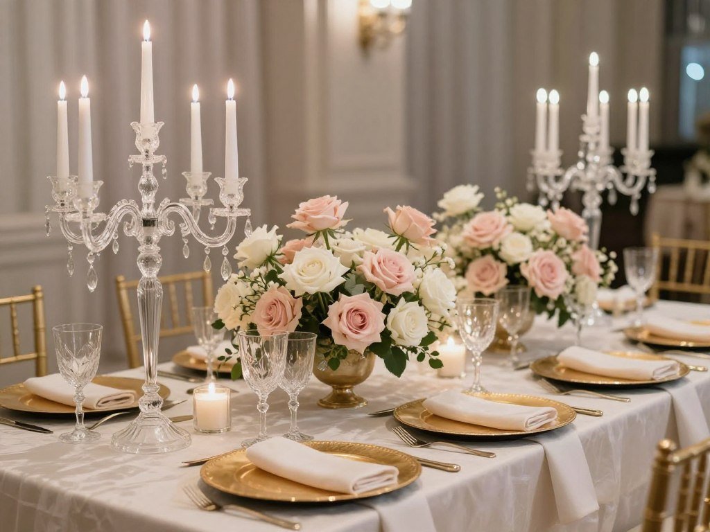 Romantic elegant head table wedding decorations with roses and candles