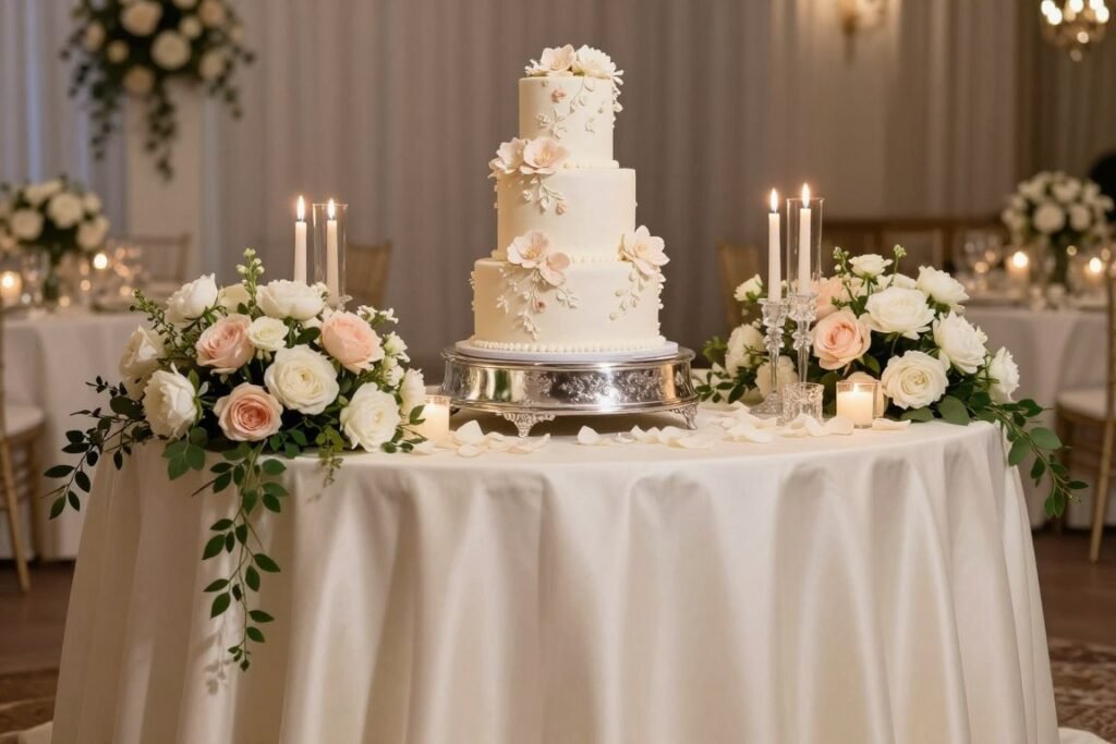 Romantic elegant wedding cake table with blush and white flowers, candles, and satin linens