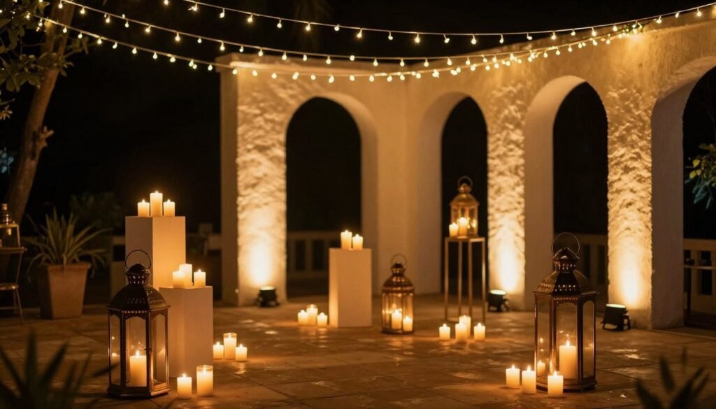 Romantic engagement party lighting with string lights, candles, and lanterns