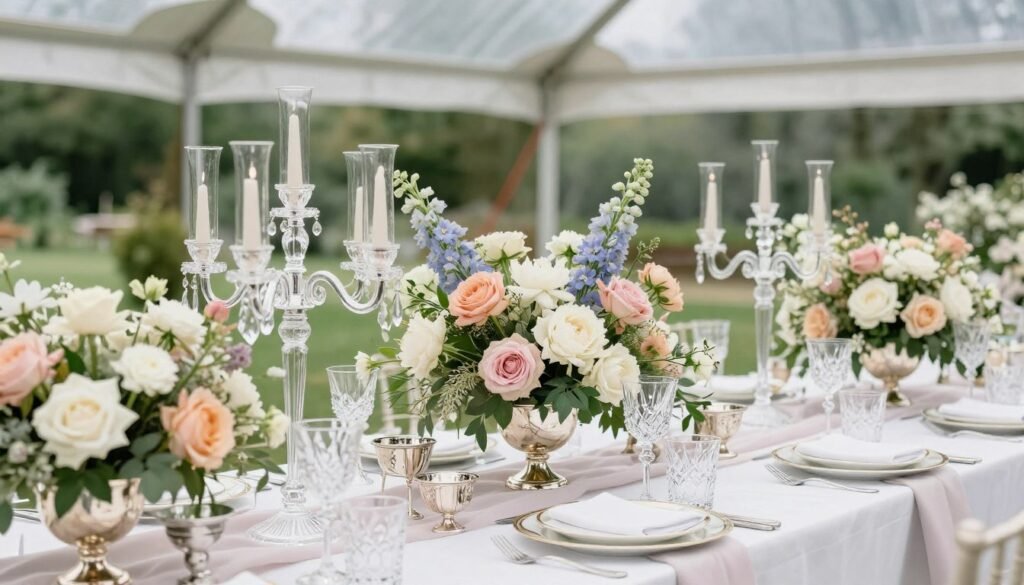 Romantic garden-inspired wedding table with lush floral centerpieces in pastel colors and crystal accents
