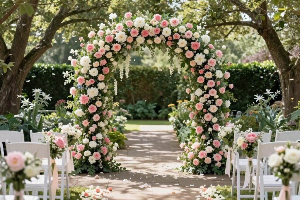 Romantic garden wedding ceremony with abundant flowers and greenery