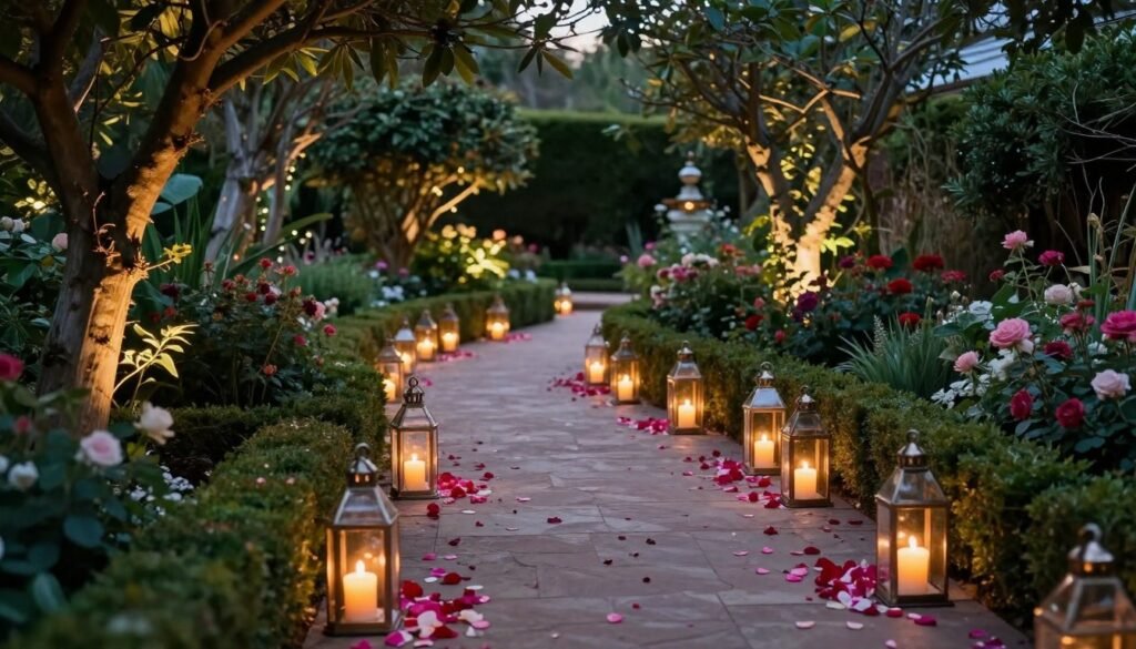 Romantic garden wedding pathway lined with lanterns and flower petals Romantic garden wedding pathway lined with lanterns and flower petals
