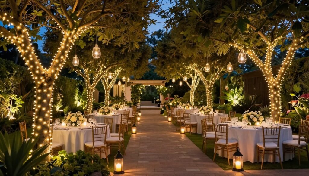 Romantic garden wedding reception with string lights, lanterns, and floral-adorned trees Romantic garden wedding reception with string lights, lanterns, and floral-adorned trees