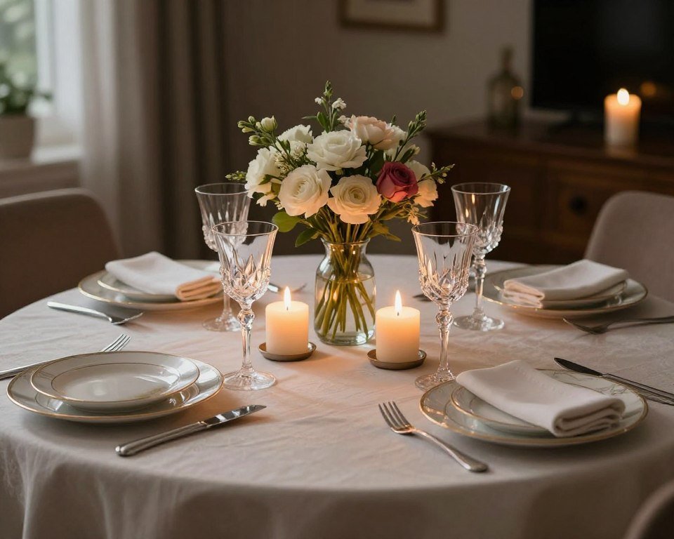 Romantic home dinner setup with candles and elegant table setting